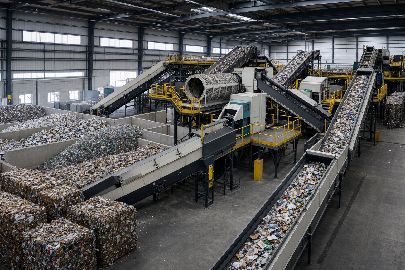 Integrated recycling plant with conveyors, trommels, and separation equipment.
