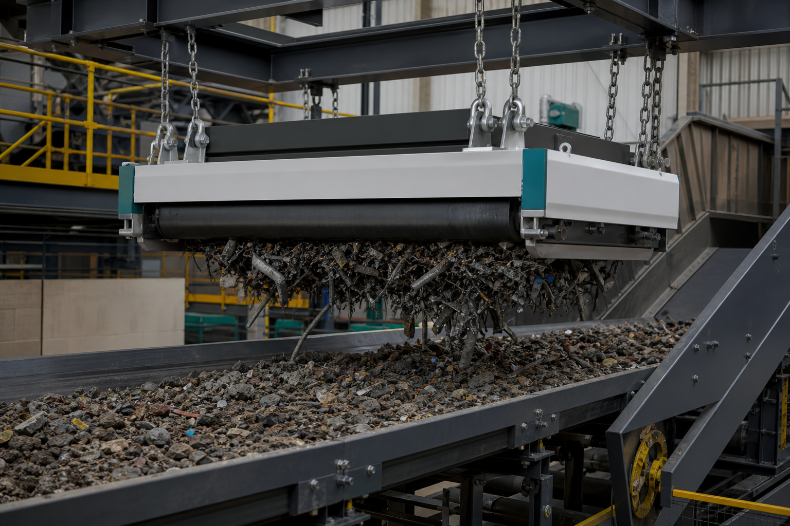 Overband magnet removing steel from mixed material on a conveyor line.