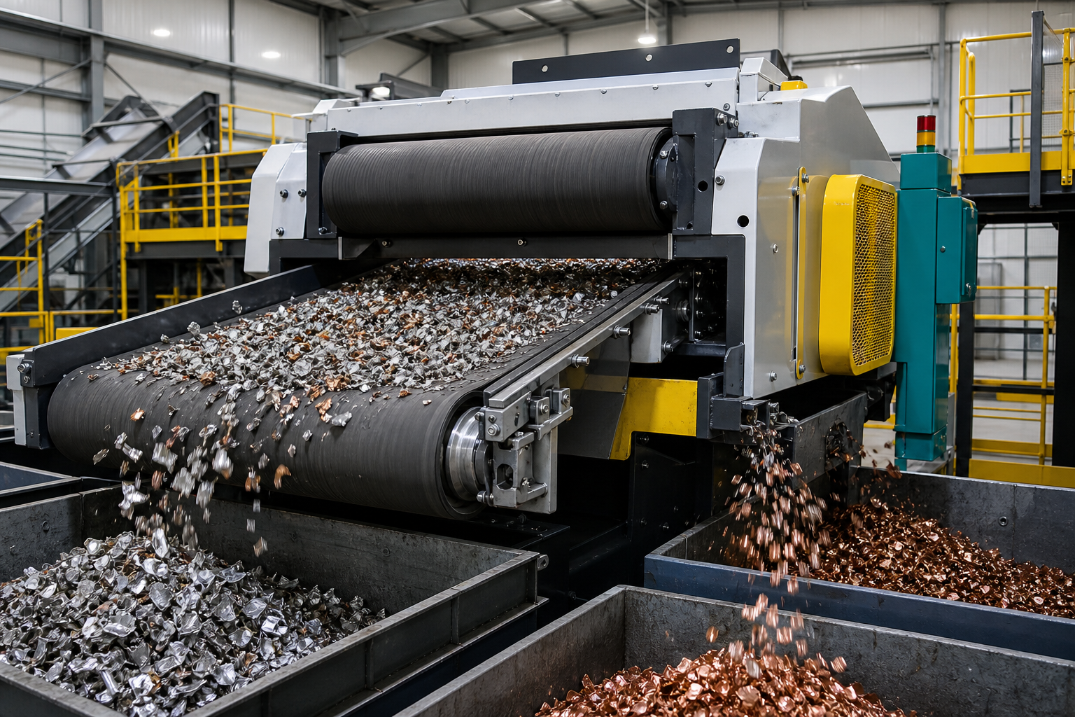 Eddy current separator recovering aluminium and copper from a recycling conveyor.
