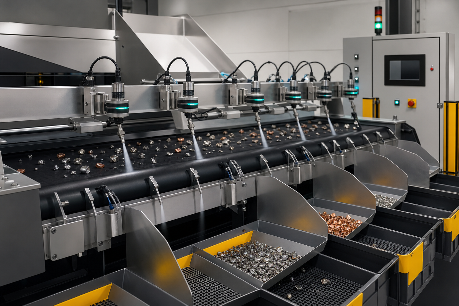 Induction sensor sorter separating stainless steel and conductive metal fragments.